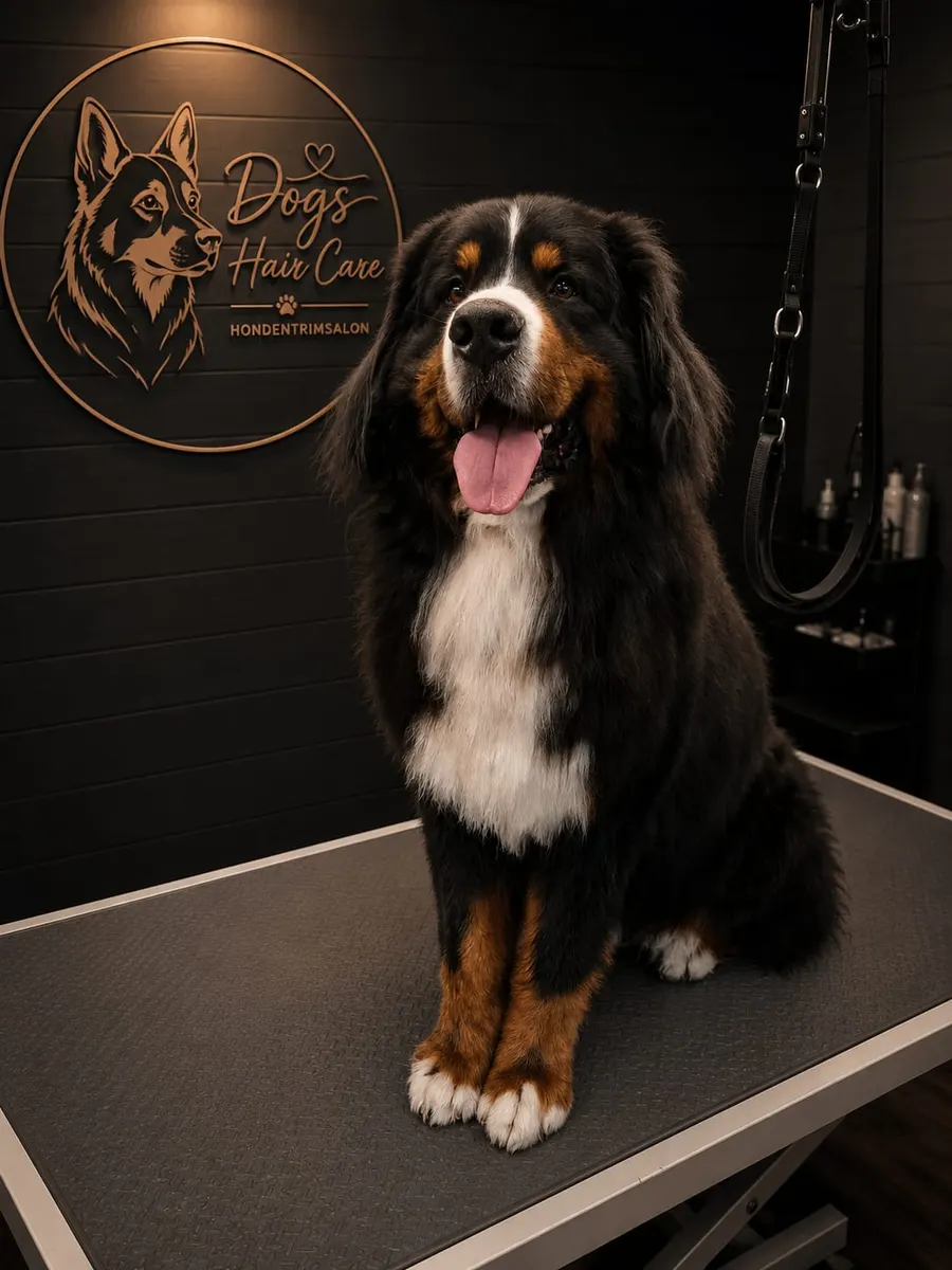 Een Berner Sennenhond na een vachtbehandeling