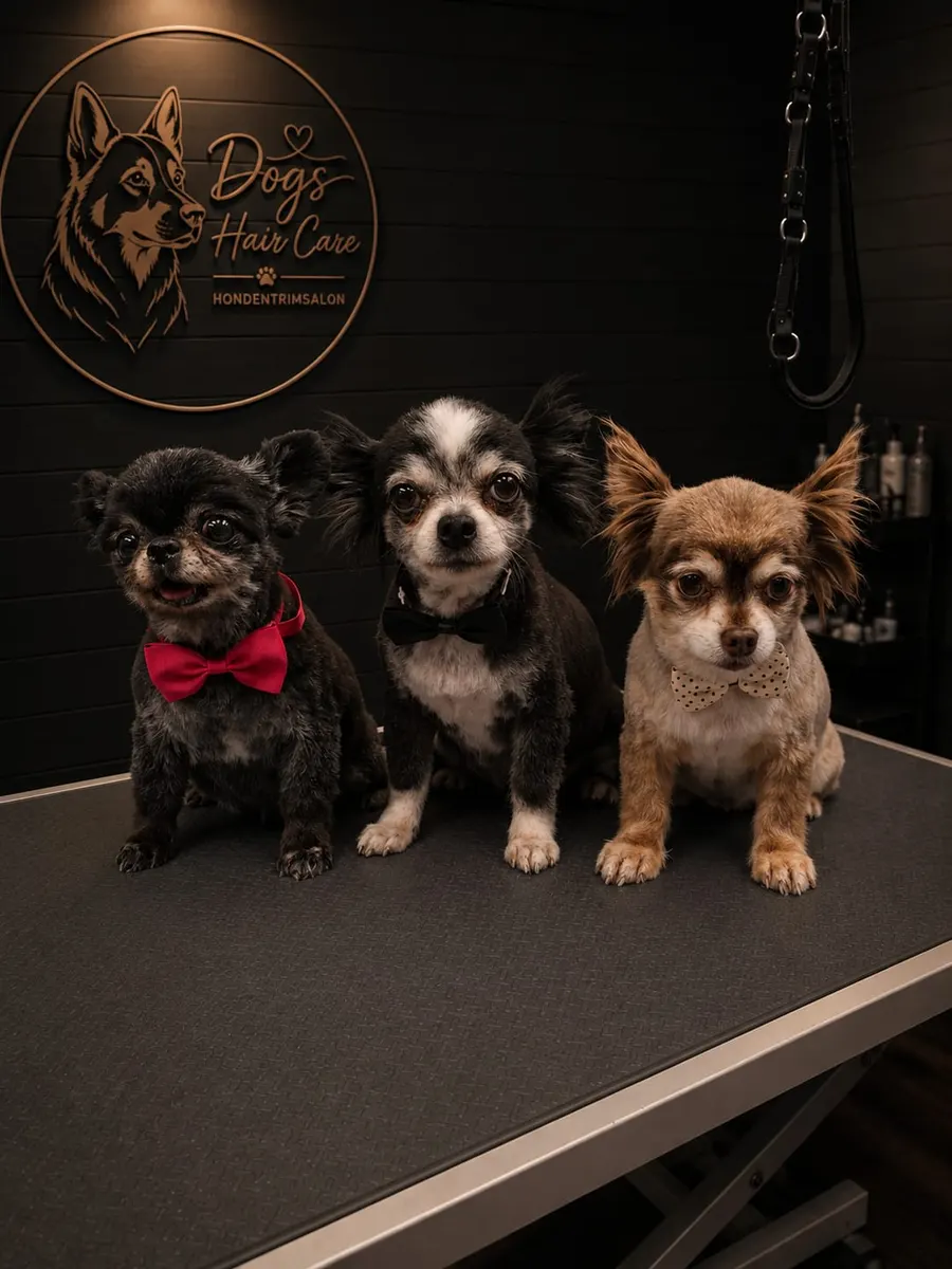 Drie kleine honden samen na hun trimbeurt