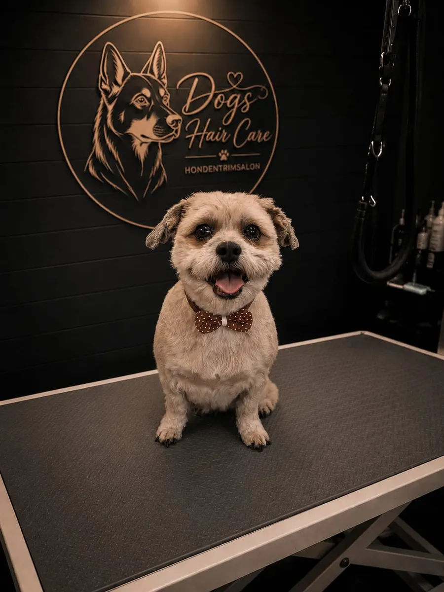 Een kleine blonde hond na de knipbeurt