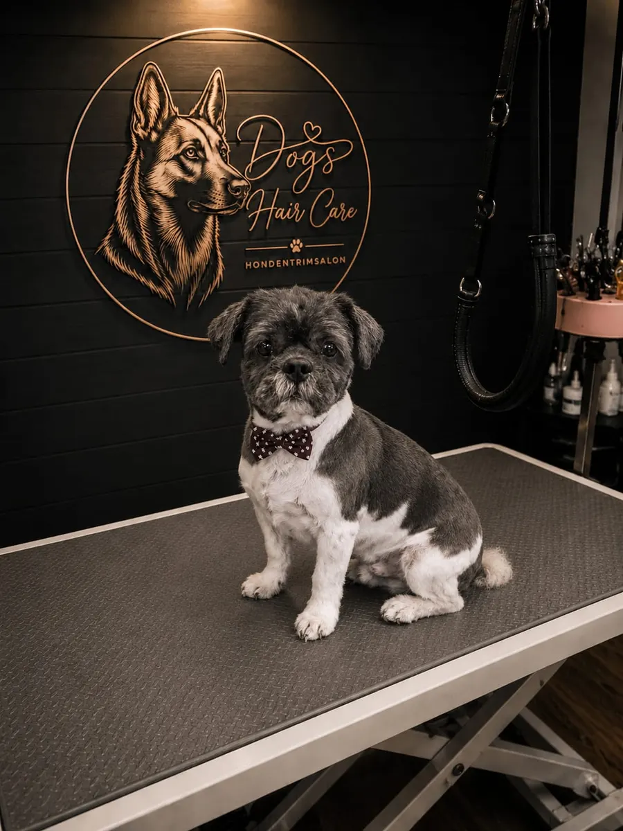 Een kleine hond met een korte verzorgde vacht