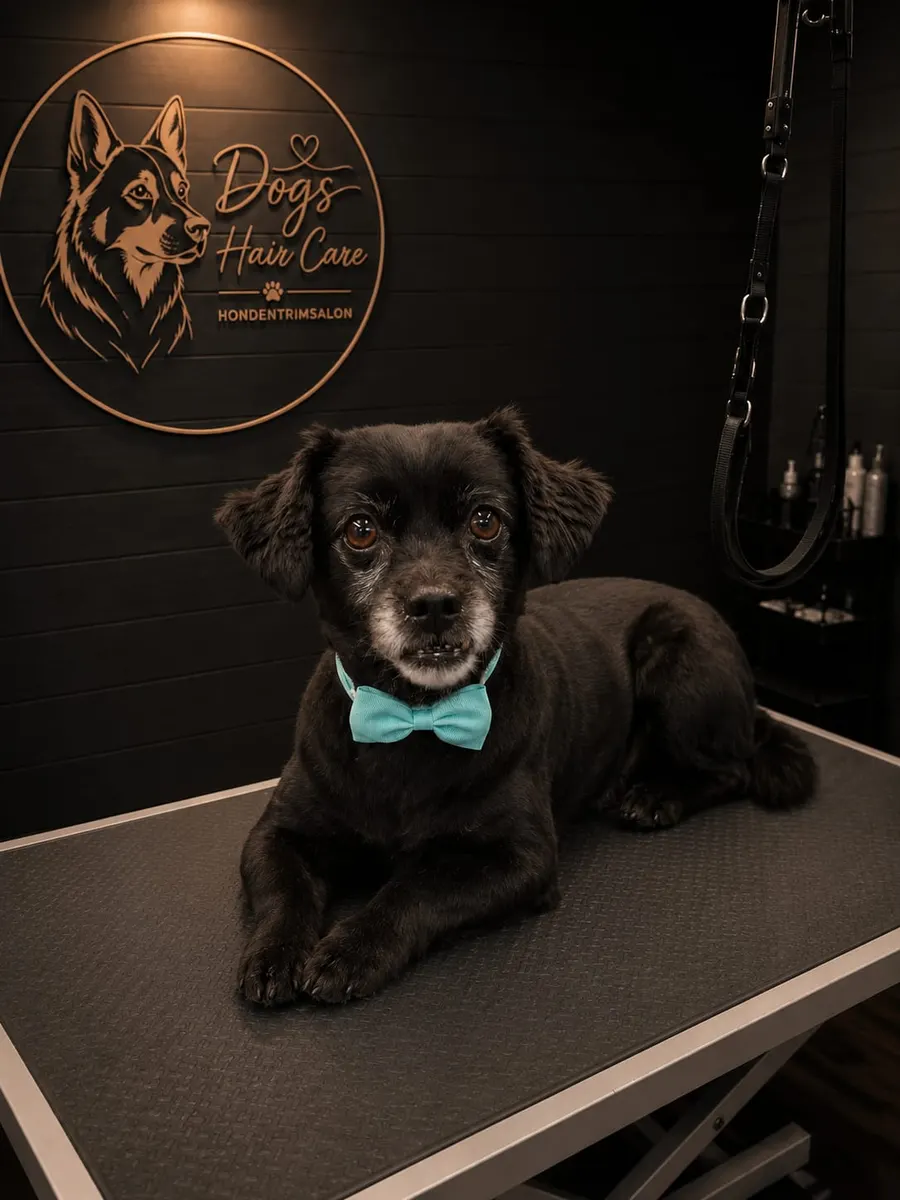 Een zwarte hond na een verzorgingsbeurt bij Dog's Hair Care